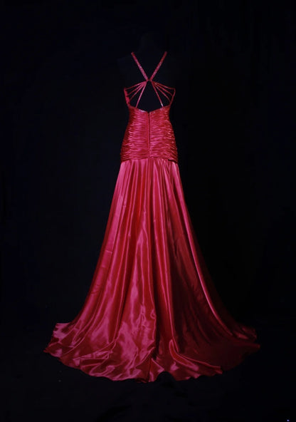 Vintage 80s Mermaid Halter Red Satin Prom Dress Long Party Gowns Evening Dresses AS194