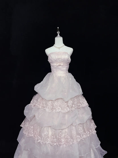 Pretty Ball Gowns Strapless Pink Organza With Lace Appliqued Bow Long Prom Dress Puffy Sweet 16 Sweet Sixteen Outfits Vestido de 15 RB7594