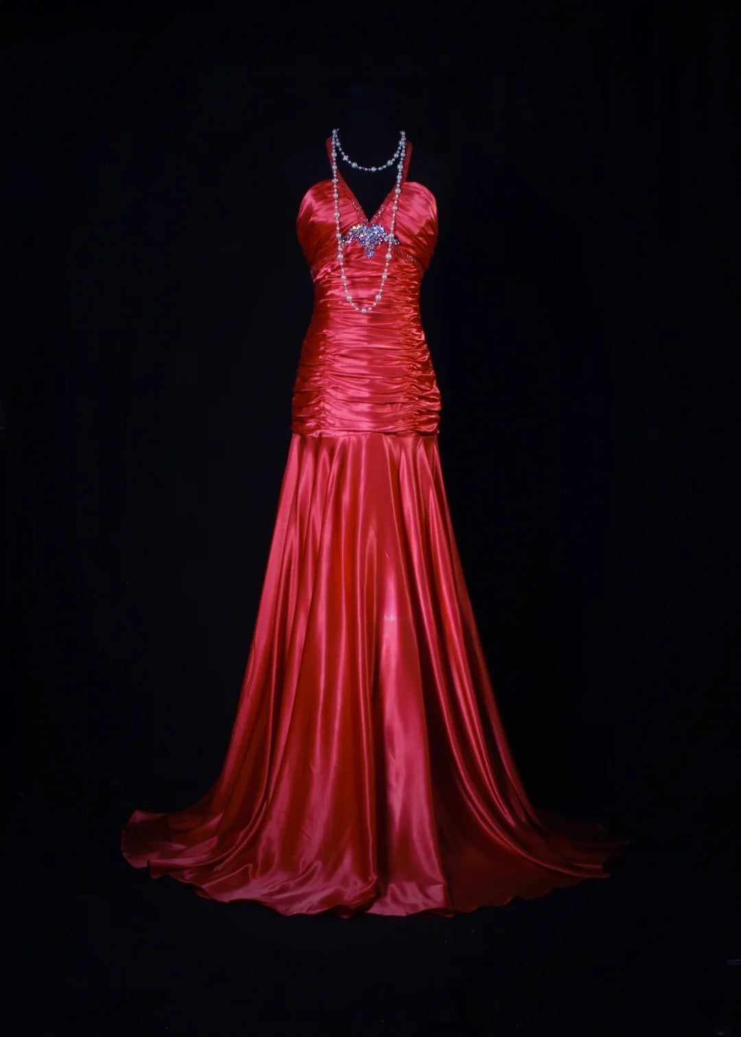 Vintage 80s Mermaid Halter Red Satin Prom Dress Long Party Gowns Evening Dresses AS194
