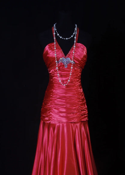 Vintage 80s Mermaid Halter Red Satin Prom Dress Long Party Gowns Evening Dresses AS194