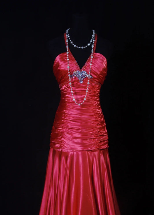 Vintage 80s Mermaid Halter Red Satin Prom Dress Long Party Gowns Evening Dresses AS194