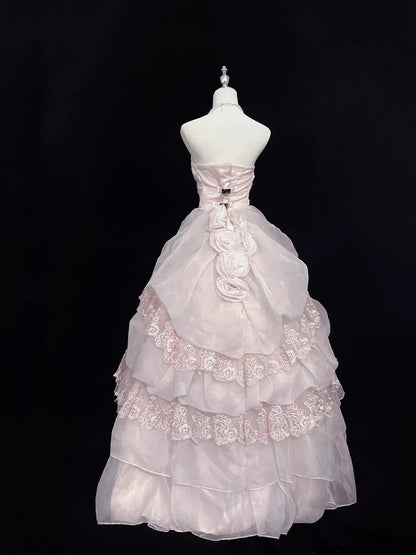 Pretty Ball Gowns Strapless Pink Organza With Lace Appliqued Bow Long Prom Dress Puffy Sweet 16 Sweet Sixteen Outfits Vestido de 15 RB7594