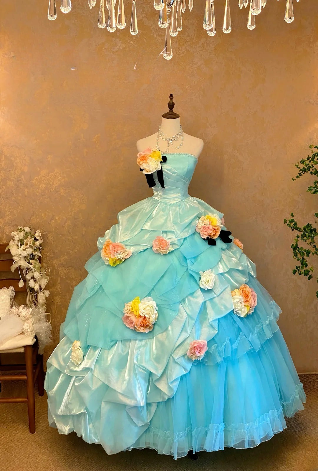 Quinceanera Dress Strapless Blue With Tiered Layers Floor Length Ball Gown Sweet 15 15th Birthday Gown RB9126