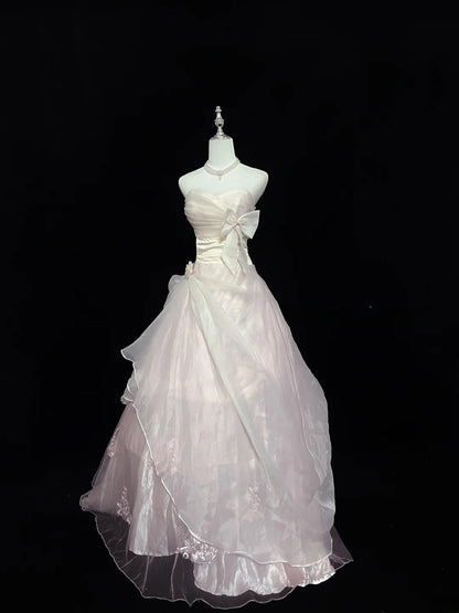 Pretty Ball Gowns Sweetheart Light Pink Organza With Bow Long Prom Dress Puffy Sweet 16 Sweet Sixteen Outfits Vestido de 15 RB7595