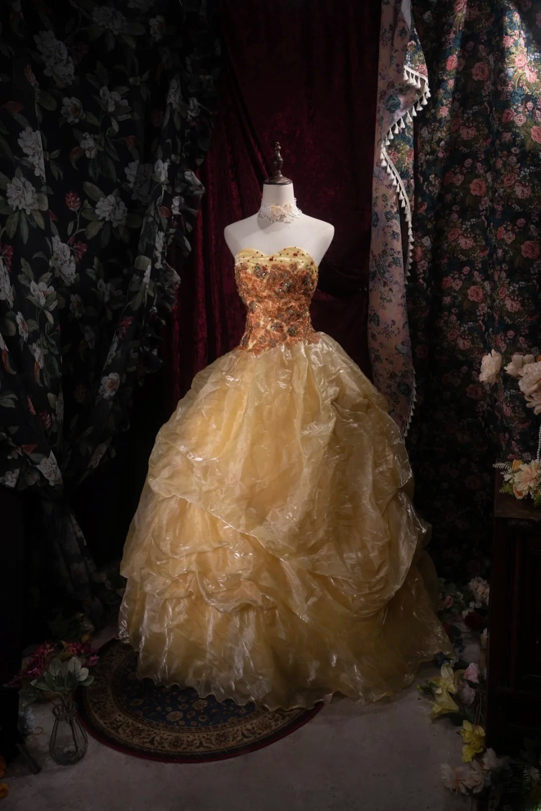 Dreamy Princess Ball Gown Formal Events Sweetheart Gold Organza With Flowers Quince Dress Quinceanera Dresses Birthday Outfits RB8469