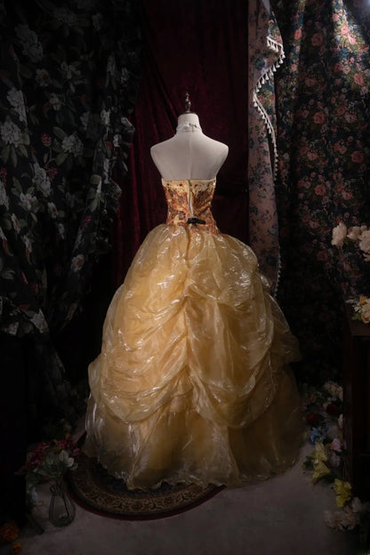 Dreamy Princess Ball Gown Formal Events Sweetheart Gold Organza With Flowers Quince Dress Quinceanera Dresses Birthday Outfits RB8469