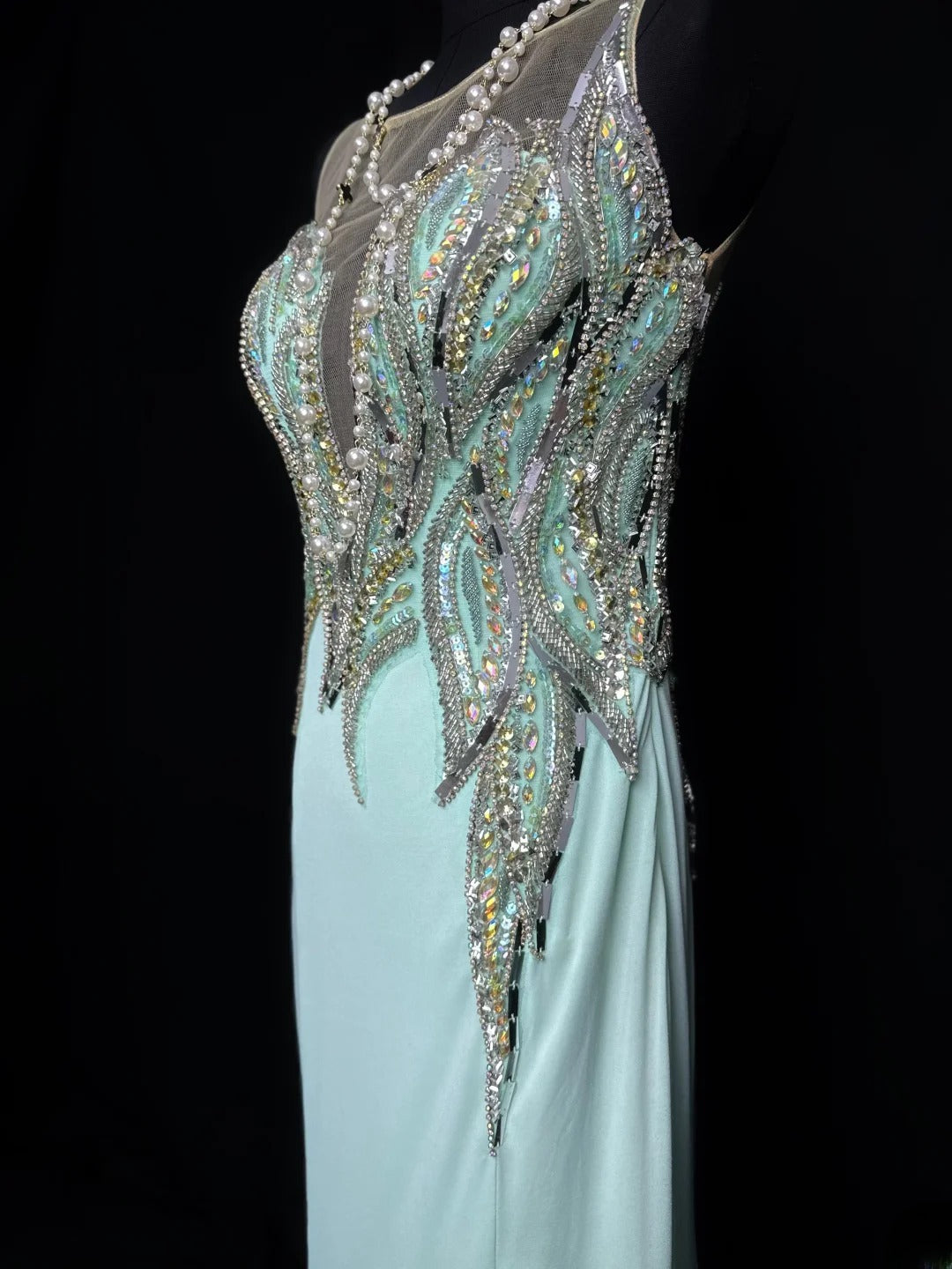 Vintage 80s Prom Dresses Mermaid Scoop Mint Green Satin With Beads Slit Long Party Gown Formal Outfits RB5997