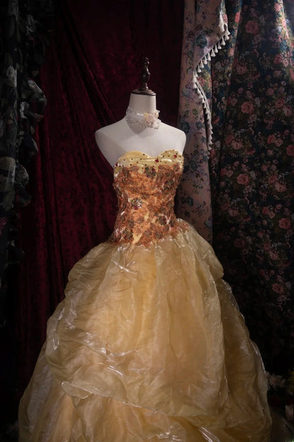 Dreamy Princess Ball Gown Formal Events Sweetheart Gold Organza With Flowers Quince Dress Quinceanera Dresses Birthday Outfits RB8469