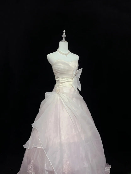Pretty Ball Gowns Sweetheart Light Pink Organza With Bow Long Prom Dress Puffy Sweet 16 Sweet Sixteen Outfits Vestido de 15 RB7595