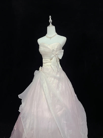 Pretty Ball Gowns Sweetheart Light Pink Organza With Bow Long Prom Dress Puffy Sweet 16 Sweet Sixteen Outfits Vestido de 15 RB7595