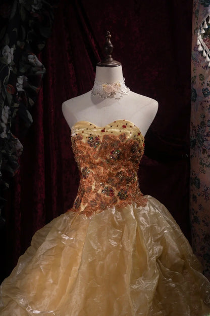 Dreamy Princess Ball Gown Formal Events Sweetheart Gold Organza With Flowers Quince Dress Quinceanera Dresses Birthday Outfits RB8469