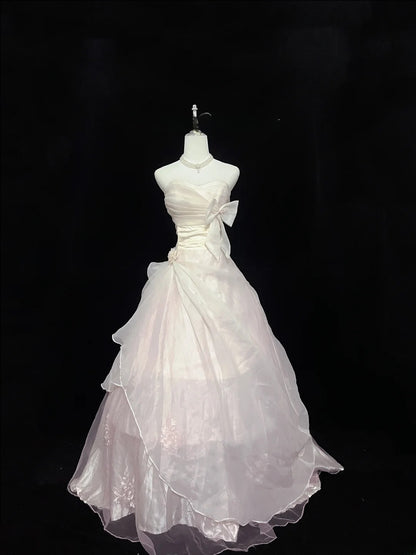 Pretty Ball Gowns Sweetheart Light Pink Organza With Bow Long Prom Dress Puffy Sweet 16 Sweet Sixteen Outfits Vestido de 15 RB7595