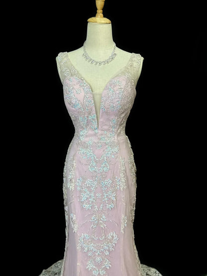 Vintage 80s Prom Dresses Mermaid V Neck Pink Lace Satin With Appliqued Long Party Gown Formal Outfits RB5998