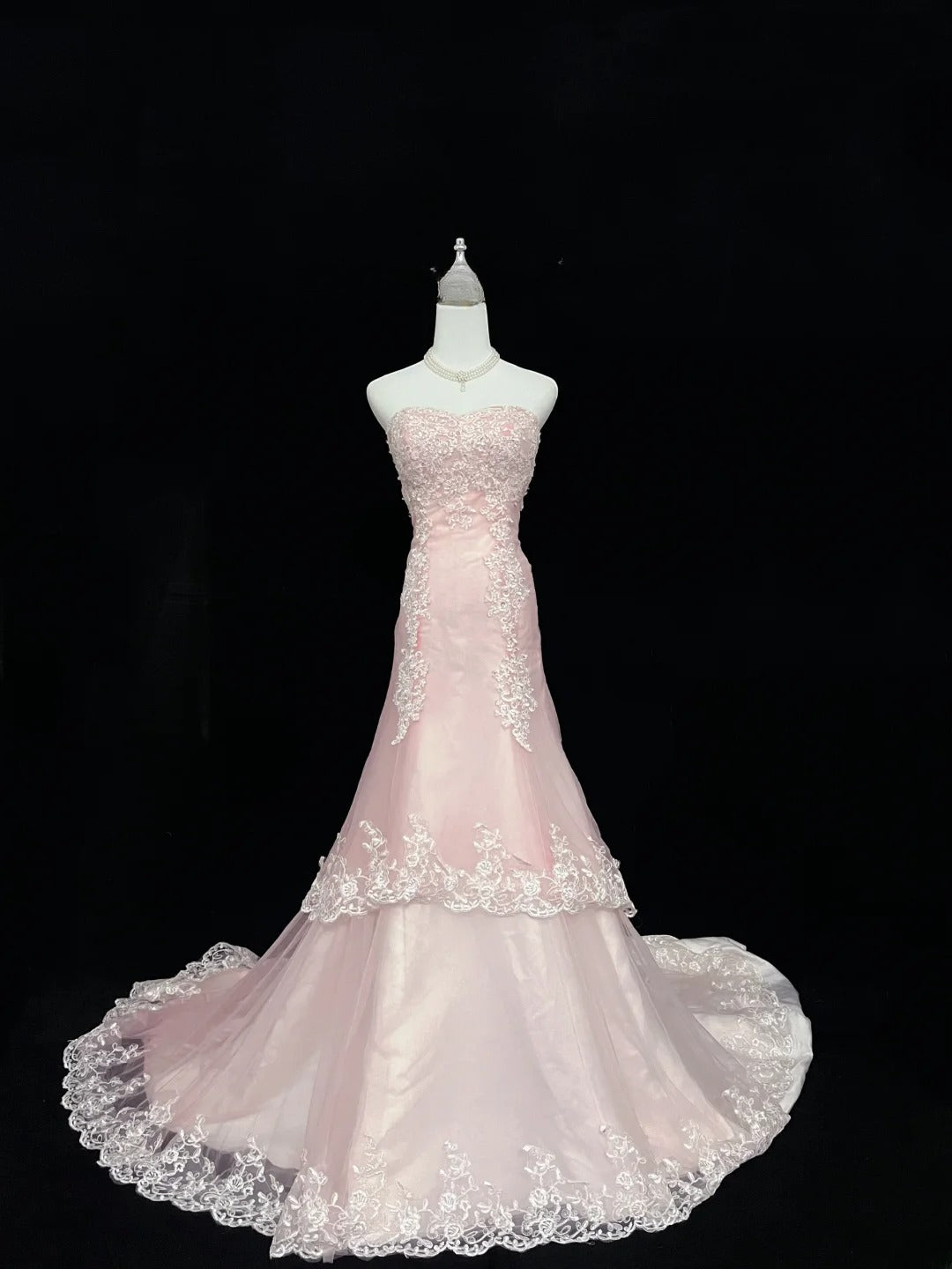 Beautiful Mermaid Sweetheart Pink Tulle With Appliqued Lace Prom Dress Formal Outfits Party Dresses RB7596