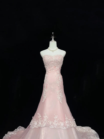 Beautiful Mermaid Sweetheart Pink Tulle With Appliqued Lace Prom Dress Formal Outfits Party Dresses RB7596