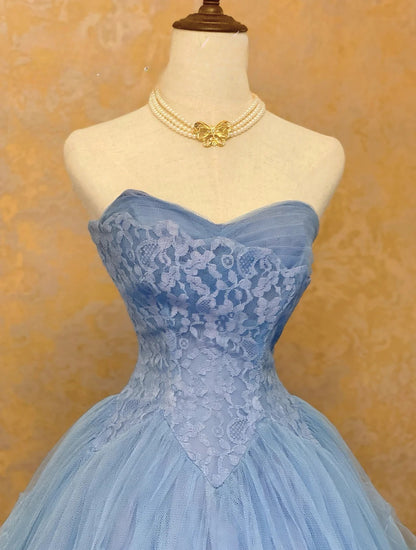 Elegant Ball Gown Sweetheart Blue Lace Prom Dress Floor Length For Women Evening Party Gown RB9127