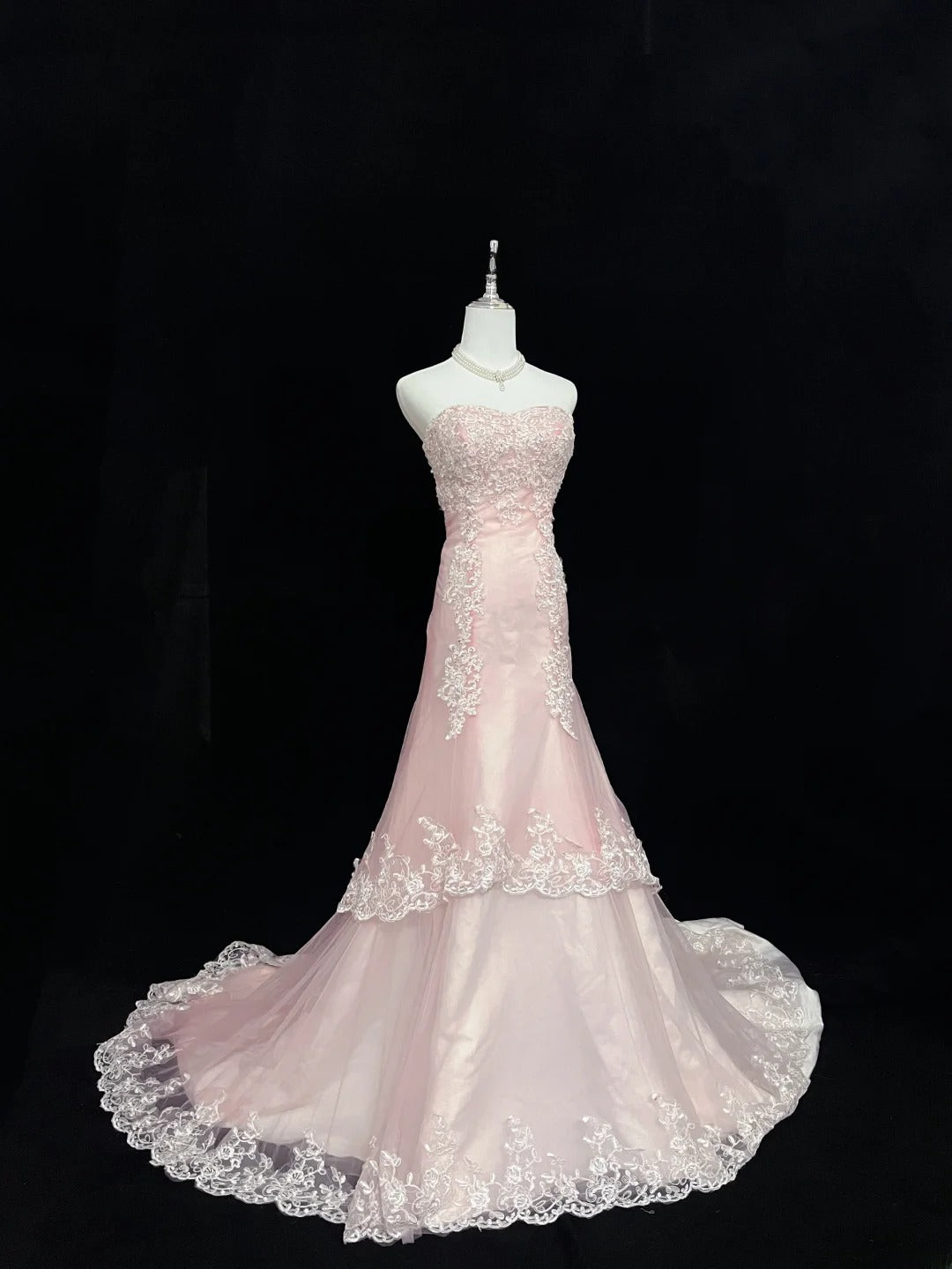Beautiful Mermaid Sweetheart Pink Tulle With Appliqued Lace Prom Dress Formal Outfits Party Dresses RB7596