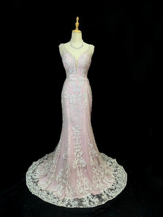 Vintage 80s Prom Dresses Mermaid V Neck Pink Lace Satin With Appliqued Long Party Gown Formal Outfits RB5998