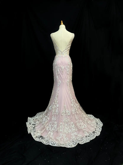 Vintage 80s Prom Dresses Mermaid V Neck Pink Lace Satin With Appliqued Long Party Gown Formal Outfits RB5998