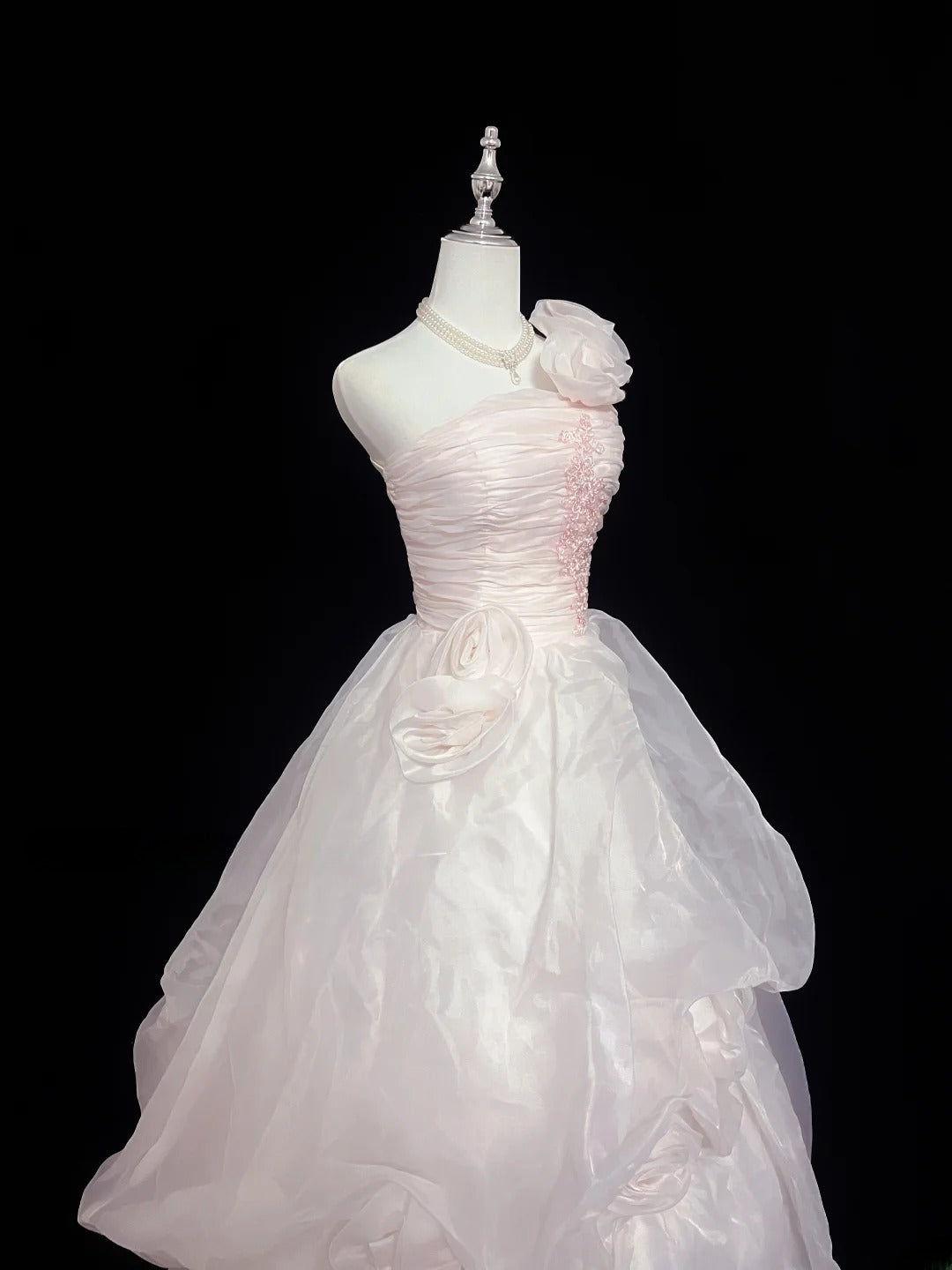 Pretty Ball Gowns One Shoulder Light Pink With Flowers Long Prom Dress Puffy Sweet 16 Sweet Sixteen Outfits Vestido de 15 RB7598
