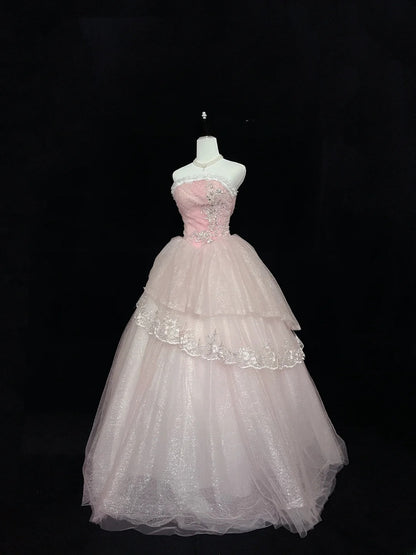 Pretty Ball Gowns Strapless Pink With Appliques Long Prom Dress Puffy Sweet 16 Sixteen Outfit Vestido de 15 RB7599
