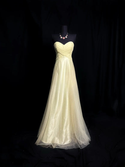 Chic Prom Dresses A line Sweetheart Light Yellow Tulle Sleeveless Long Formal Outfits RB6000