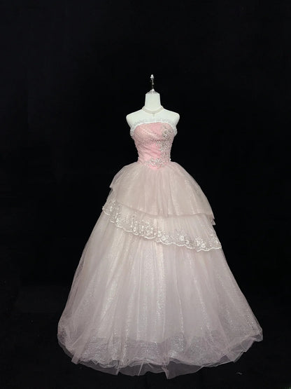 Pretty Ball Gowns Strapless Pink With Appliques Long Prom Dress Puffy Sweet 16 Sixteen Outfit Vestido de 15 RB7599