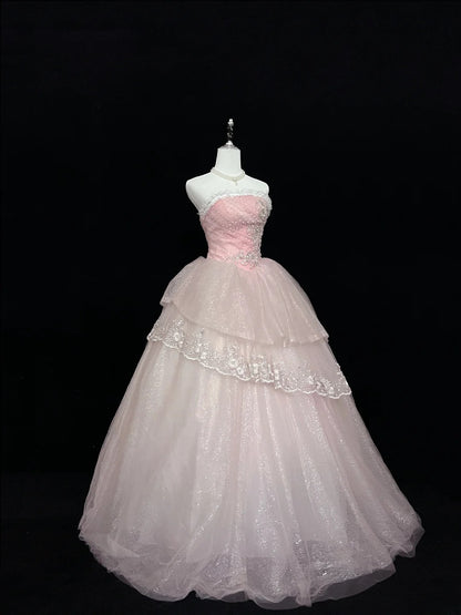 Pretty Ball Gowns Strapless Pink With Appliques Long Prom Dress Puffy Sweet 16 Sixteen Outfit Vestido de 15 RB7599