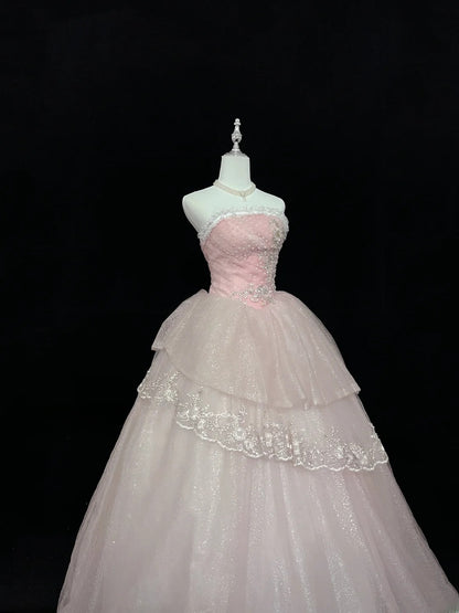 Pretty Ball Gowns Strapless Pink With Appliques Long Prom Dress Puffy Sweet 16 Sixteen Outfit Vestido de 15 RB7599