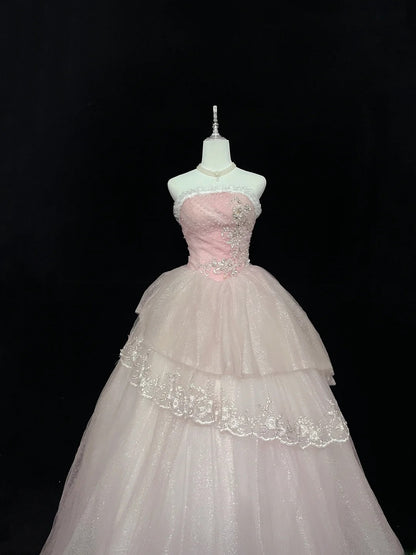 Pretty Ball Gowns Strapless Pink With Appliques Long Prom Dress Puffy Sweet 16 Sixteen Outfit Vestido de 15 RB7599