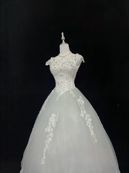 Pretty Ball Gowns Scoop Mint Green With Appliques Long Prom Dress Puffy Sweet 16 Sixteen Outfit Vestido de 15 RB7600