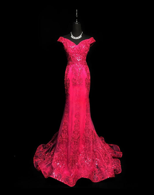 Modest Prom Dresses Mermaid Off The Shoulder Hot Pink Lace With Cap Sleeves Long Formal Outfits RB6001