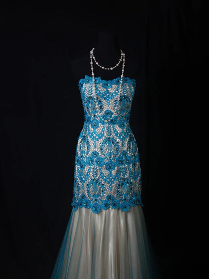 Vintage Style Mermaid Sweetheart 1950s Lace Blue Tulle With Beads Long Formal Fancy Prom Dresses Night Outfits Party Gowns AS201