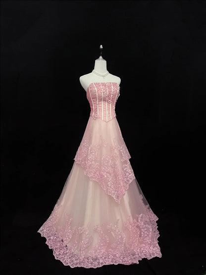 Beautiful A line Strapless Pink Tulle With Appliqued Lace Prom Dress Formal Outfits Party Dresses RB7601