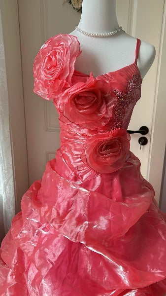 Elegant Sweet 16 Dress Long Straps Hot Pink With Flowers Ball Gown Sweet Sixteen Party Birthday Dresses RC0559