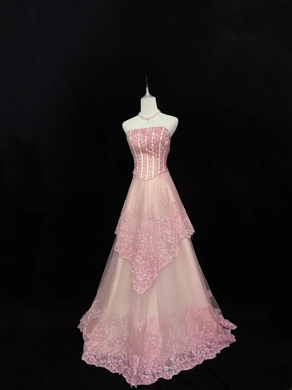 Beautiful A line Strapless Pink Tulle With Appliqued Lace Prom Dress Formal Outfits Party Dresses RB7601