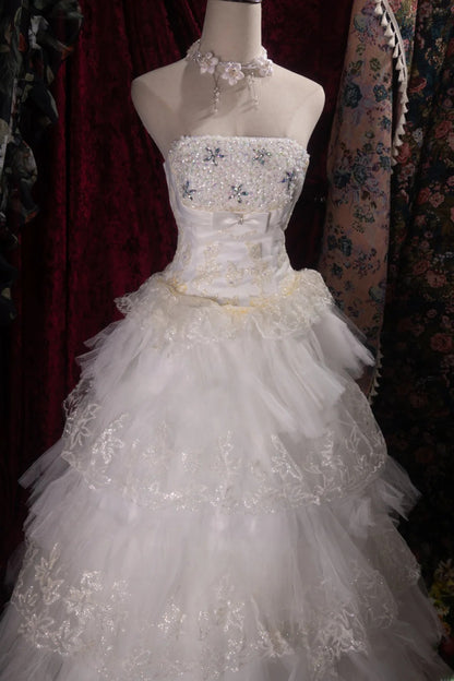 Dreamy Princess Ball Gown Formal Events Strapless White Tulle With Beaded Quince Dress Quinceanera Dresses Birthday Outfits RB8474