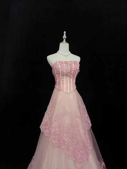 Beautiful A line Strapless Pink Tulle With Appliqued Lace Prom Dress Formal Outfits Party Dresses RB7601