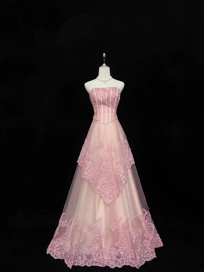 Beautiful A line Strapless Pink Tulle With Appliqued Lace Prom Dress Formal Outfits Party Dresses RB7601