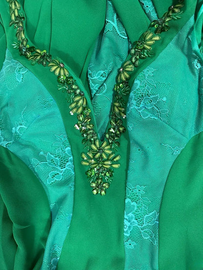 Vintage 80s Prom Dresses Mermaid V Neck Green Lace With Beading Long Party Gown Formal Outfits RB6002