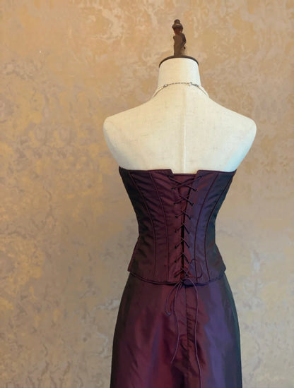 Elegant A line Strapless Burgundy Satin Prom Dress Floor Length For Women Evening Party Gown RB9132