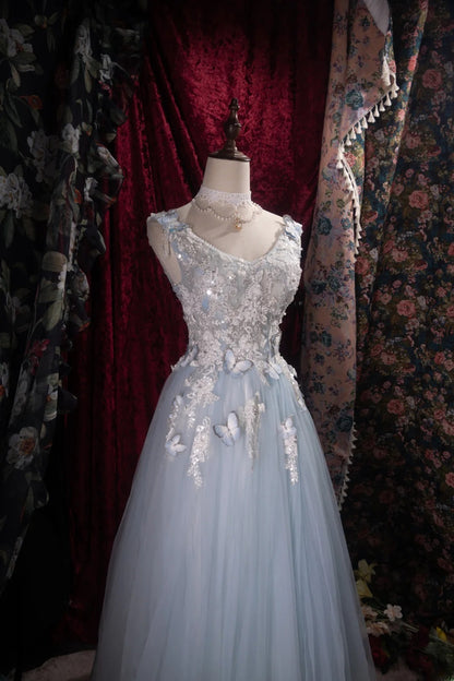 Modest A line V Neck Light Blue Tulle With Appliqued School Dances Prom Dresses 8th Grade Formal Outfits Evening Gown RB8475