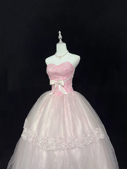 Pretty Ball Gowns Sweetheart Pink With Appliques Long Prom Dress Puffy Sweet 16 Sixteen Outfit Vestido de 15 RB7602