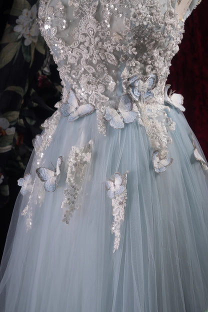 Modest A line V Neck Light Blue Tulle With Appliqued School Dances Prom Dresses 8th Grade Formal Outfits Evening Gown RB8475