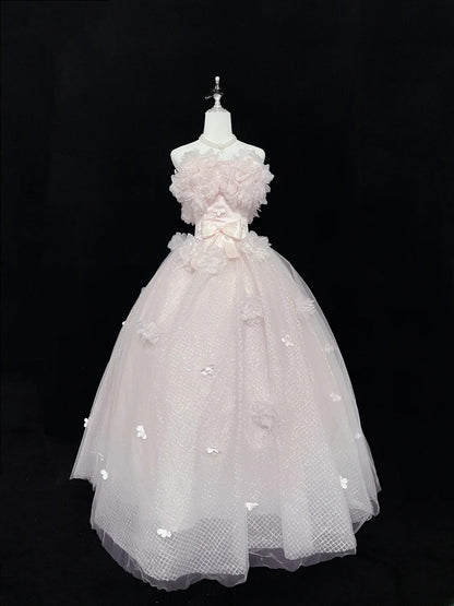 Pretty Ball Gowns Sweetheart Pink With Flowers Long Prom Dress Puffy Sweet 16 Sixteen Outfit Vestido de 15 RB7603