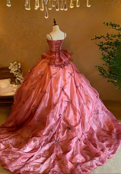 Quinceanera Dress Pink Spaghetti Straps Pink With Tiered Layers Floor Length Ball Gown Sweet 15 15th Birthday Gown RB9133