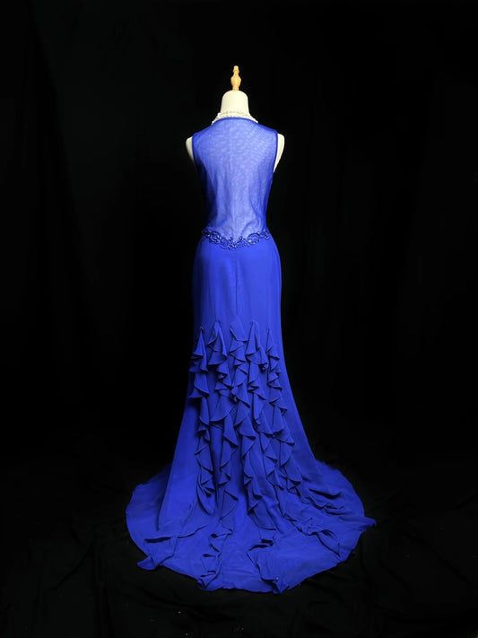 Vintage 80s Prom Dresses Mermaid V Neck Royal Blue Chiffon Lace With Split Long Party Gown Formal Outfits RB6004