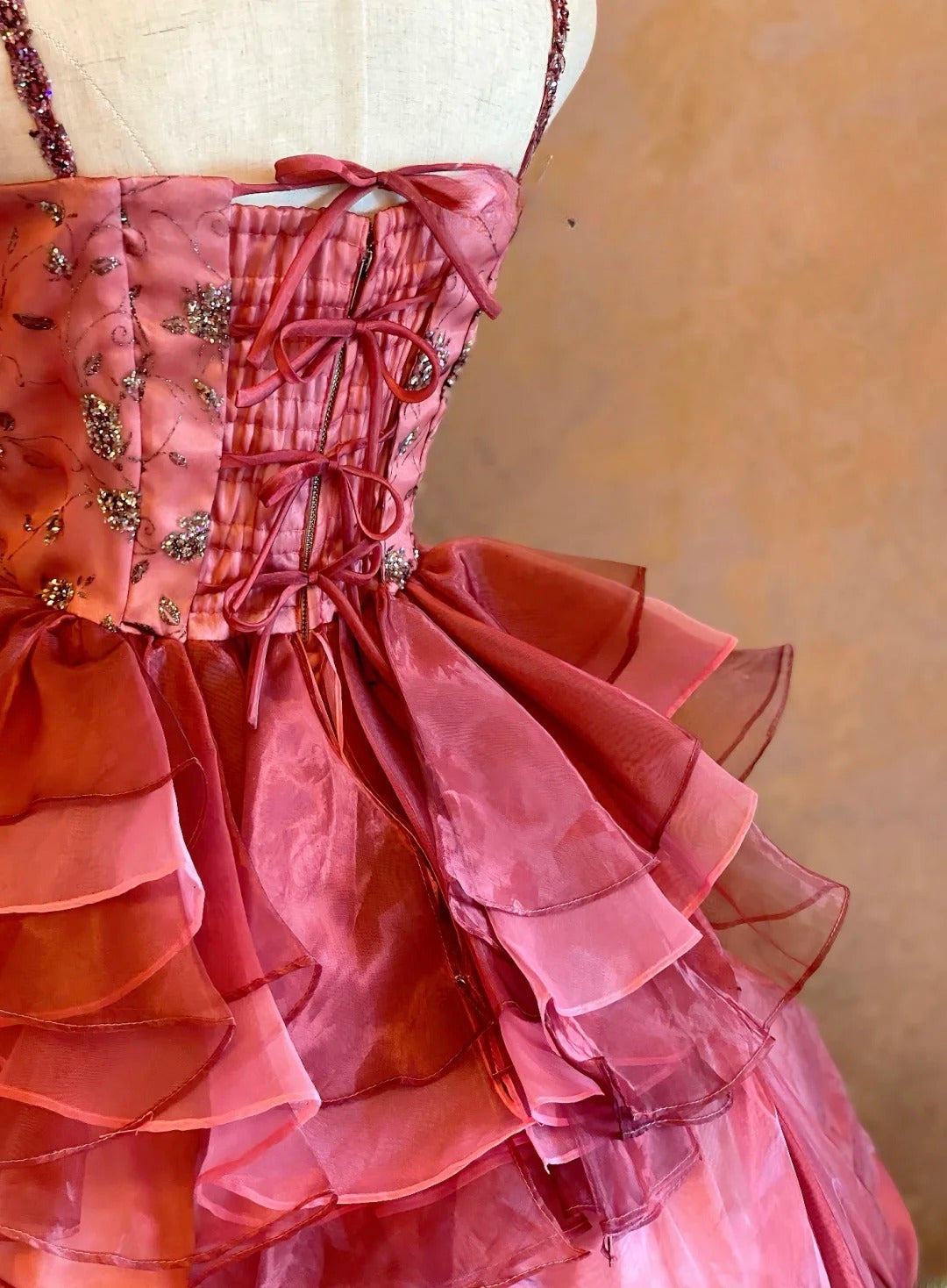 Quinceanera Dress Pink Spaghetti Straps Pink With Tiered Layers Floor Length Ball Gown Sweet 15 15th Birthday Gown RB9133