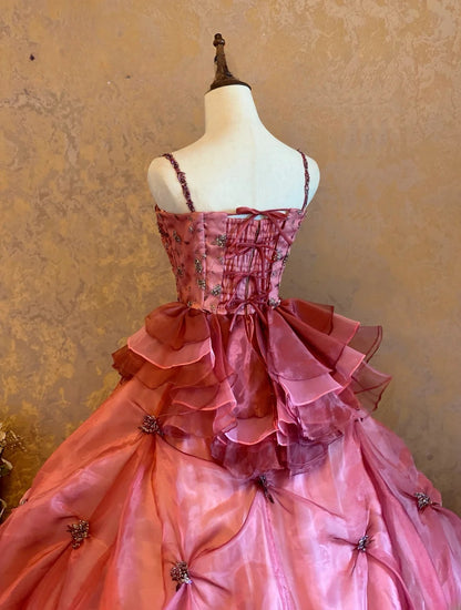 Quinceanera Dress Pink Spaghetti Straps Pink With Tiered Layers Floor Length Ball Gown Sweet 15 15th Birthday Gown RB9133