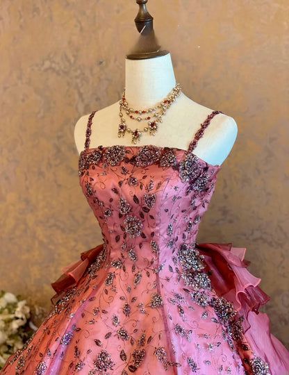 Quinceanera Dress Pink Spaghetti Straps Pink With Tiered Layers Floor Length Ball Gown Sweet 15 15th Birthday Gown RB9133